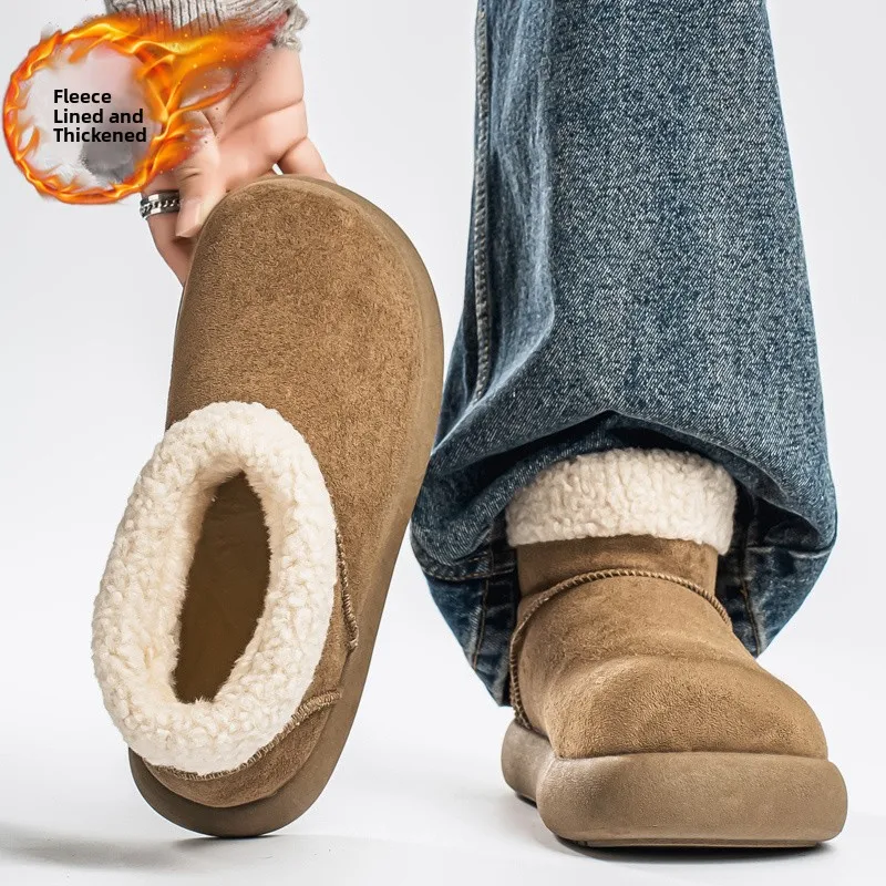 Men's Winter Thickened Fleece Lined Snow Boots Outdoor Waterproof Anti-slip Warm Cotton Shoes Short Tube round Toe Low Heel