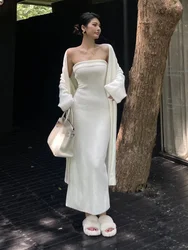 Strapless Bag Hip Dress+knitted Long Sweater Cardigan Two-piece Set For Women's Autumn New Style Fashion Women Set Korean 9XR9