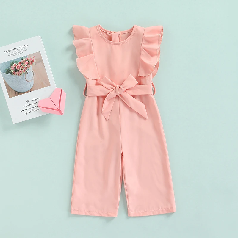 1-6Y Kids Girls Overalls Summer Casual Long Rompers Solid Color Ruffled Round-Neck Sleeveless Jumpsuit with Belt for Girls