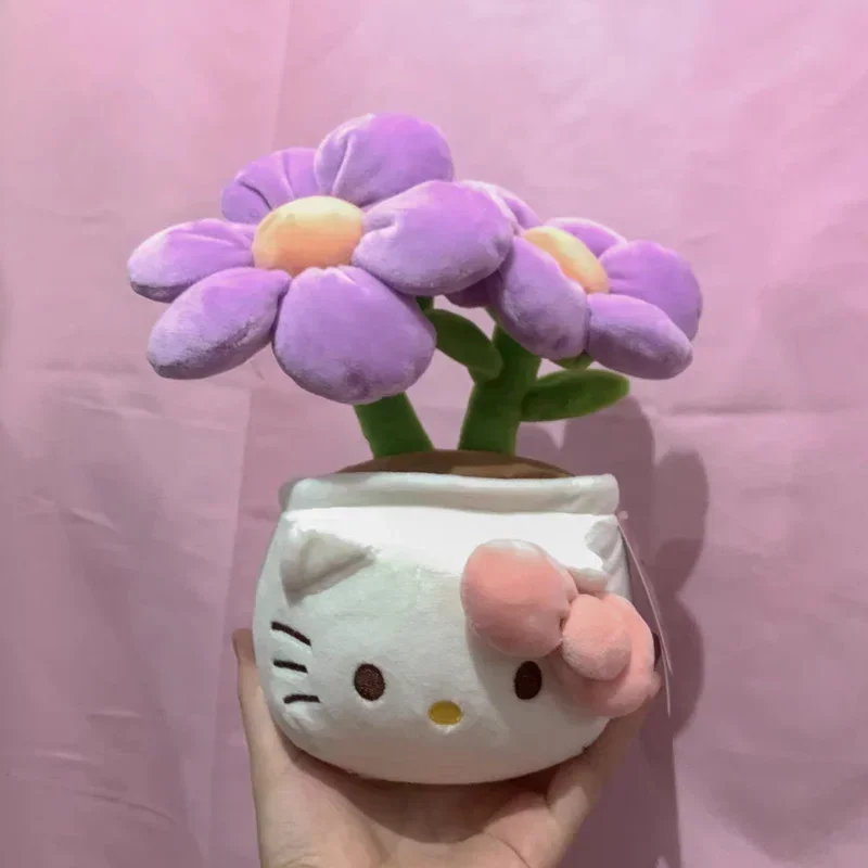 SANRIO HelloKitty plushie ใหม่กระถางต้นไม้ตุ๊กตาผ้ากำมะหยี่สีส้ม KT ห้องดอกไม้สีม่วงของขวัญคริสต์มาสสำหรับเด็ก