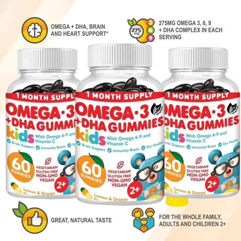 

Vegetarian Omega 3 Gummies, Suitable for Children and Toddlers (60 Pills), Containing Omega 6 and 9, Without Fish Oil and Gluten