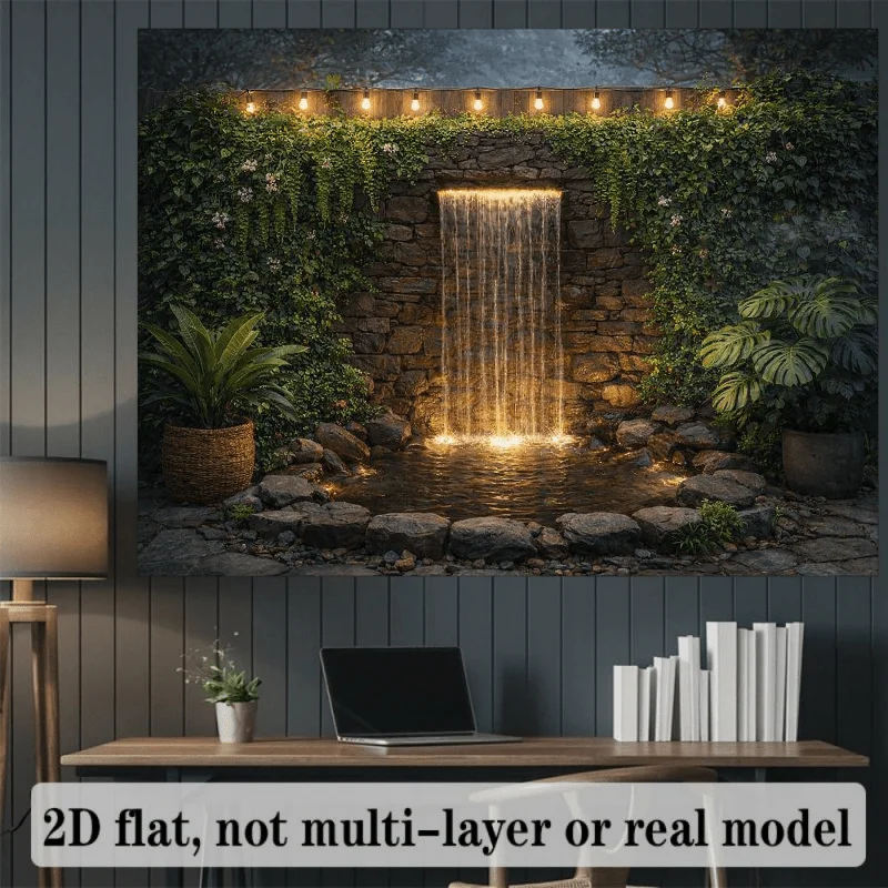 1pc Natural Waterfall Garden Wall Panel Backdrop with Water Lily Pond, Stepping Stones & Hanging Lanterns, Indoor/Outdoor