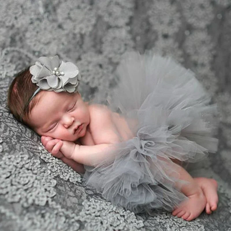 Newborn Photography Props Flower Headband Chiffon Solid Baby Tutu Skirt Suit Cute Babies Girls Short Dress Clothing Studio Photo