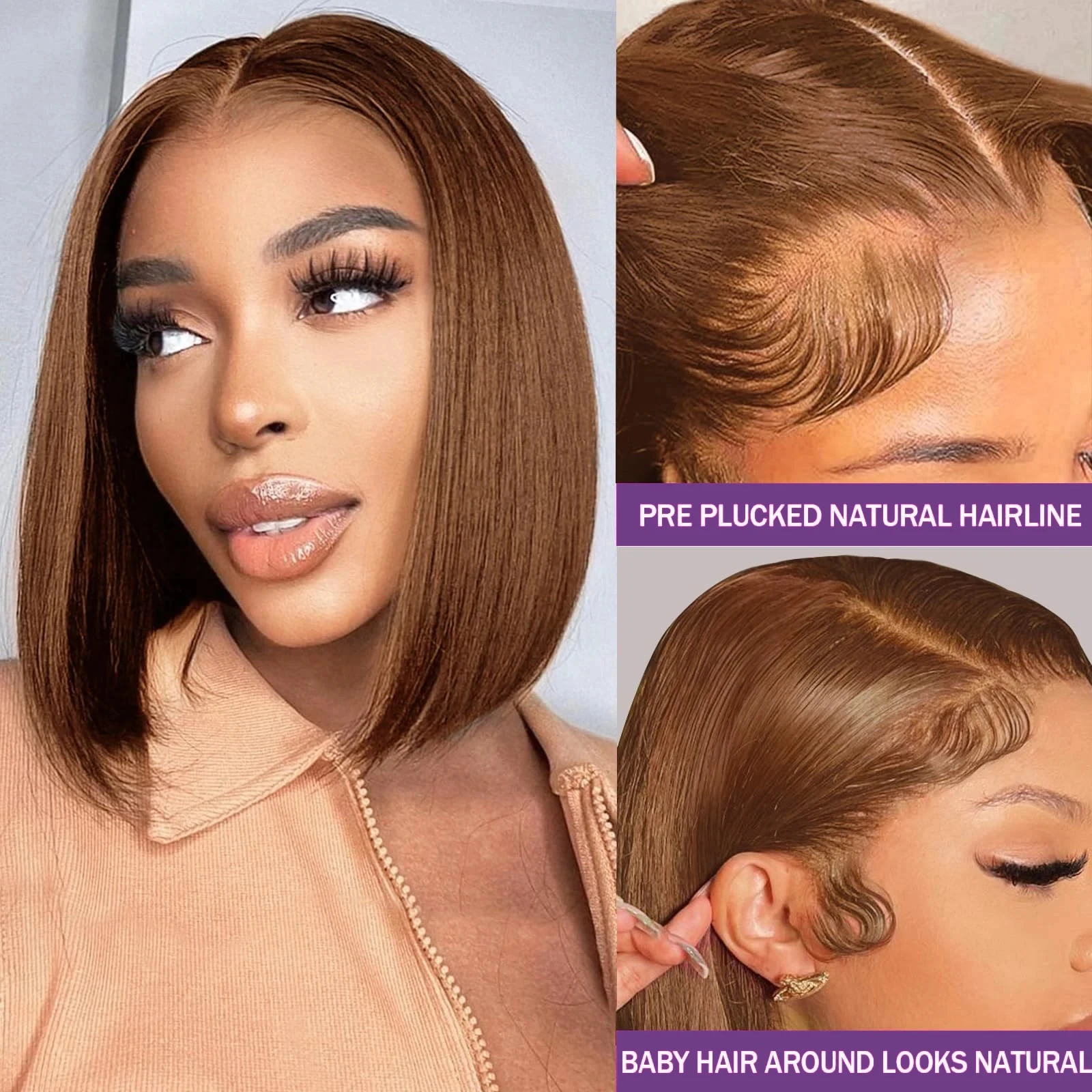 Light Brown Short Straight Bob Wigs Human Hair 13x4 Transparent Lace Frontal Bob Human Virgin Hair Wigs Colored 30# Straight Bob