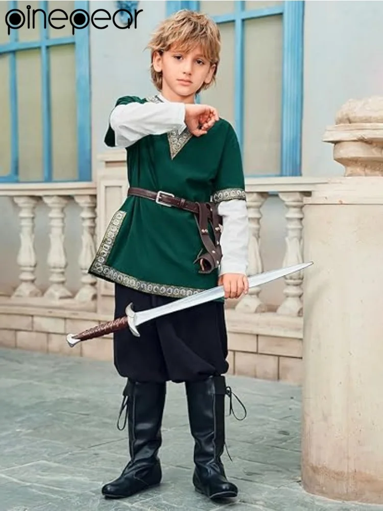 Kids Vintage Viking Knight Pirate Top Short Sleeve Steampunk Medieval Victorian Children's Tunic Boys Halloween Cosplay Costumes