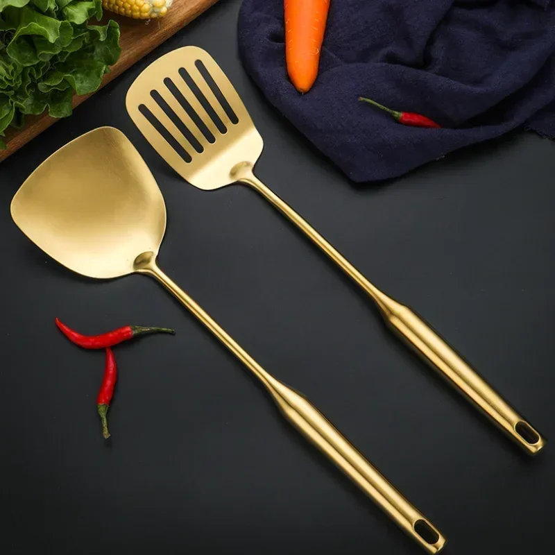 Stainless Steel Soup Rice Spoon Spatula Colander Frying Shovel Gold Long Handle Non-stick Restaurant Kitchen Gadget Sets