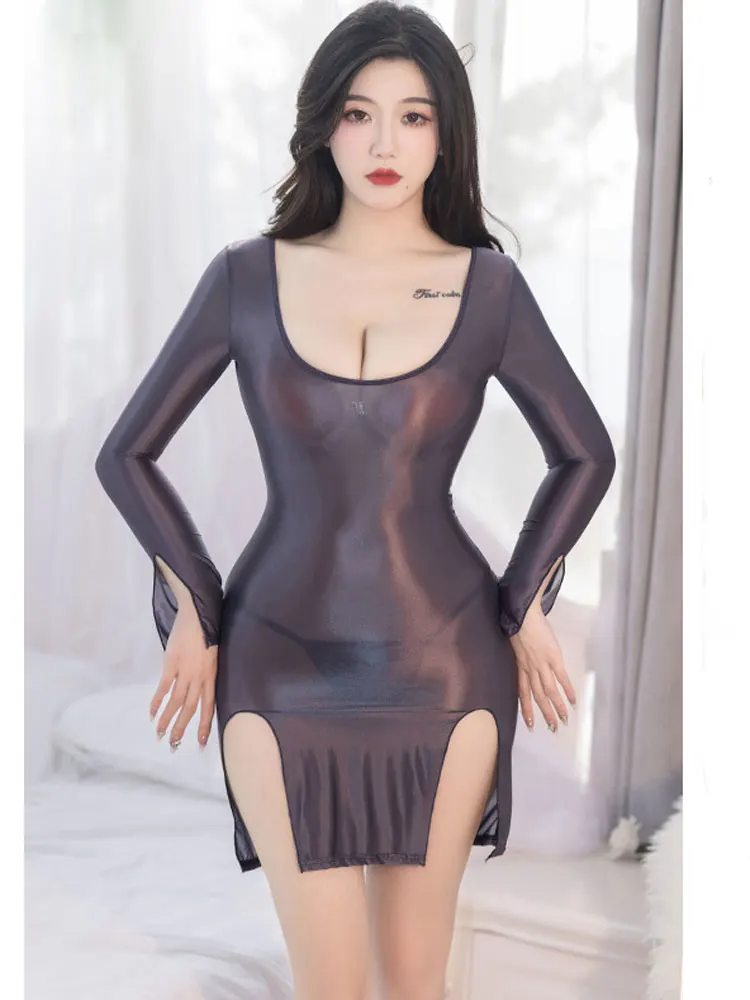 Vestidos seductores y sexis con cuello redondo para mujer, vestido ajustado transparente brillante al óleo, ropa de actuación erótica para club nocturno