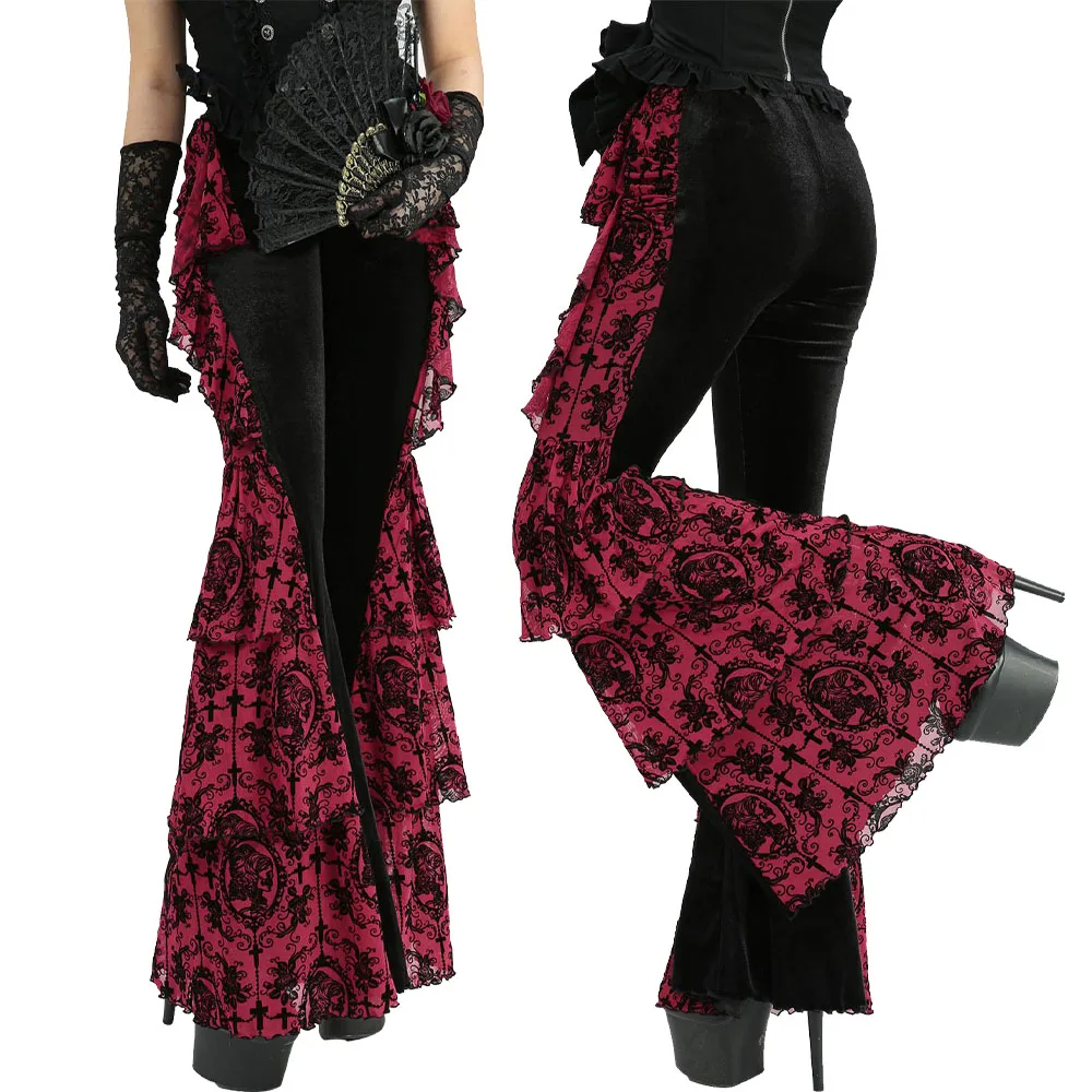 S-3XL القوطية النساء مضيئة السراويل زهرة الصليب يتدفقون الكشكشة المرقعة المخملية قيعان 2026 جديد كامل بنطلون