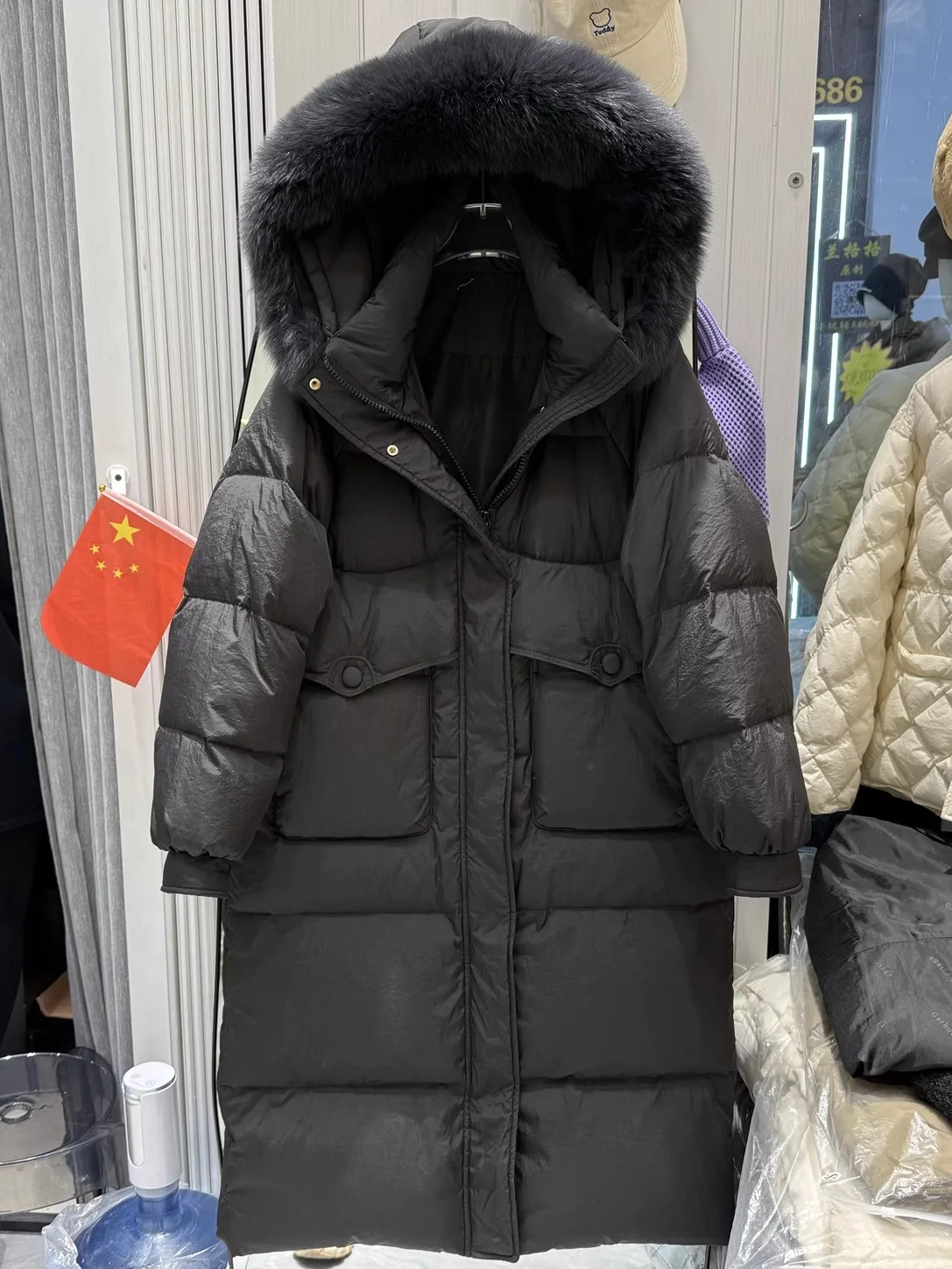 여성용 한국 루즈 후드 다운 재킷, 리얼 여우 모피 칼라, 두꺼운 루즈 화이트 덕 다운 재킷, 긴 겨울 신상