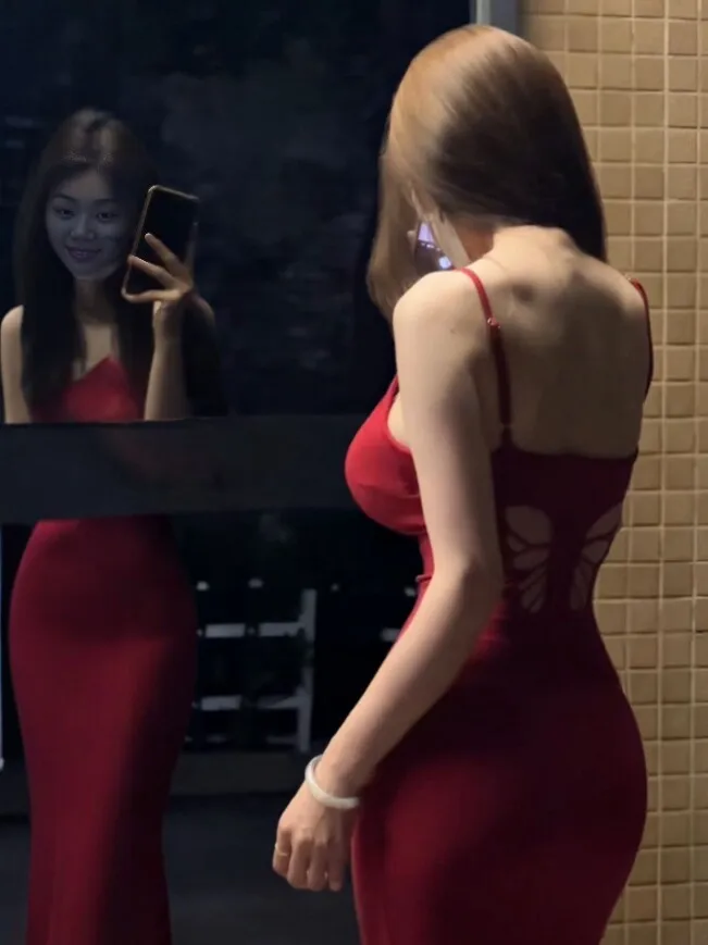 

Sexy Red Bodycon Dress Unique Beautiful Strap Long Skirt Women's Fashion Summer Cotton Blend No Sleeve U-Neckline Business Ca...