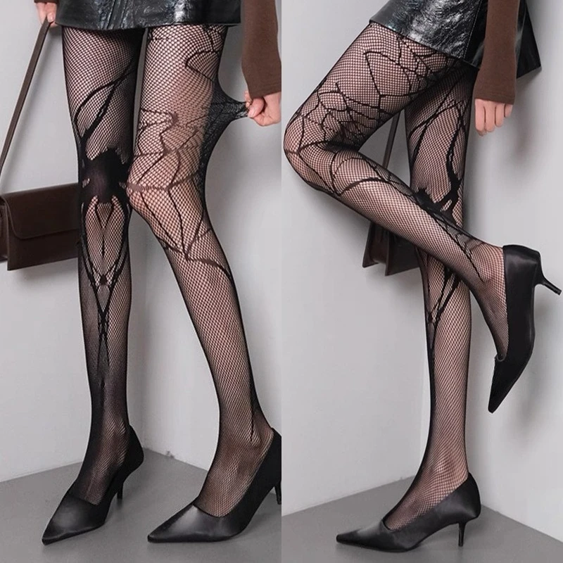Black Gothic Bat Spiderweb Fishnet Tights Dark Sexy Stocking for Women Halloween Costume Accessories Hollow Out Elastic Leggings