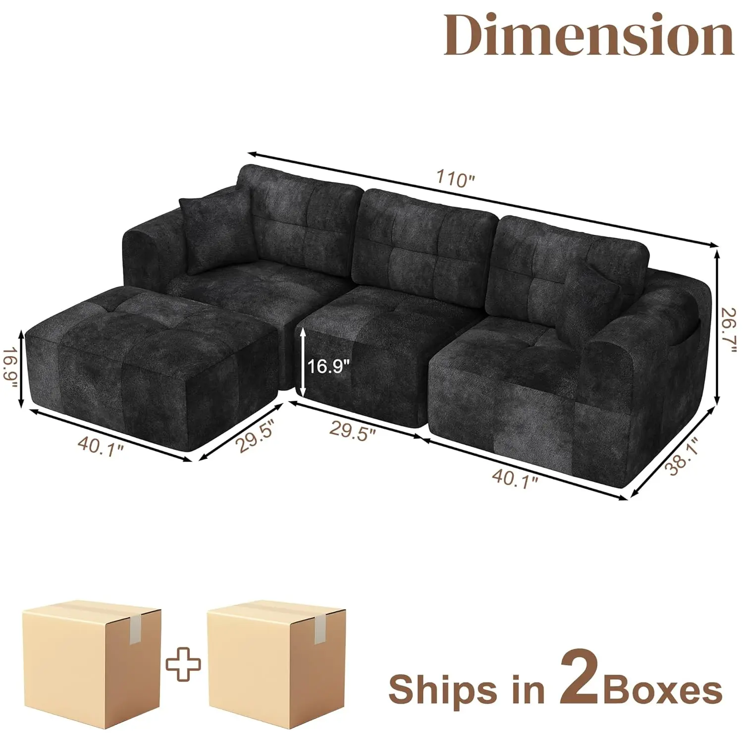 Boneless Couches for Living Room 110 Inch L-Shaped with Deep Seat & Convertible Ottoman - Modular Cloud Sectional, Customized