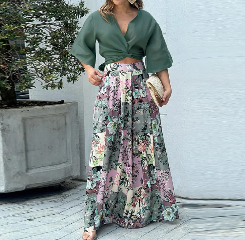 

Two Piece Sets Womens Outifits Fashion Versatile Twisted Navel Top and Floral Printed Wide Leg Pants Suit for Female Summer 2024