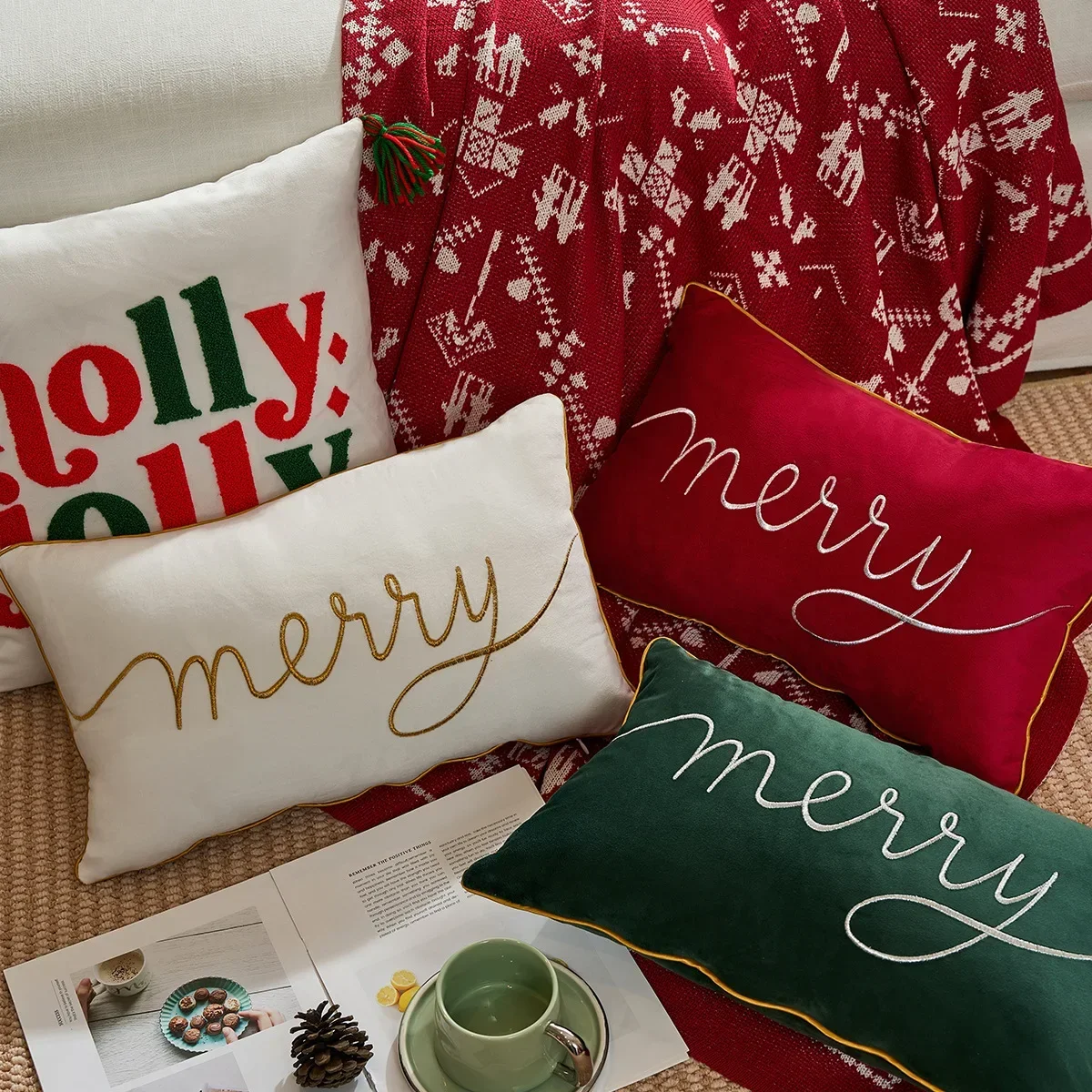 2PCS Merry Christmas Cushion Cover Letter Christmas Tree Embroidery Pillowcase Sofa Bedhead Waist Pillowcase Festival Decorative