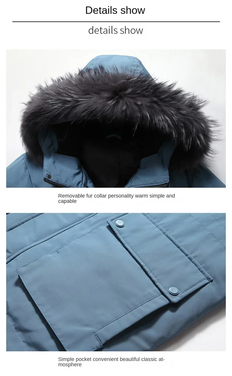 Winter Ski Down Jacket Men\'s Long Casual Thick Warm Fur Collar White Duck Down Parka High-end Work Male Windproof Hooded Coat