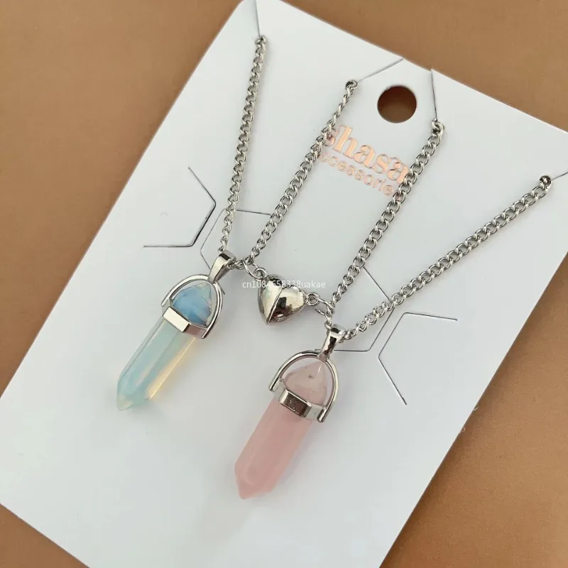 Fashion Couple Matching Necklace Colorful Geometric Hexagon Pillar Crystal Pendant Love Couple Friendship Friends Jewelry Gifts