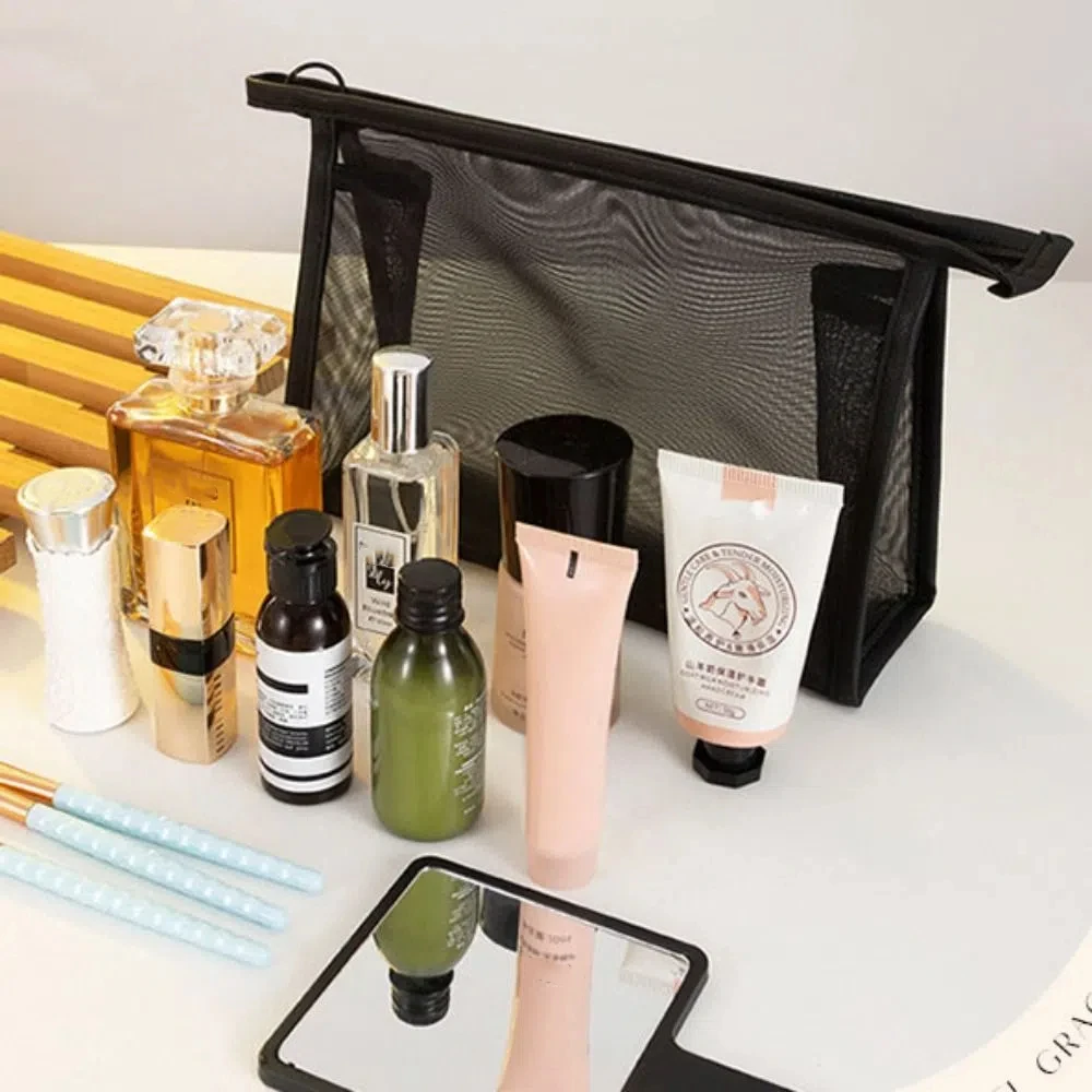 حقيبة مكياج شبكية كاجوال بسحاب مقلمة حقيبة مستحضرات تجميل شفافة سعة كبيرة منظم حافظة تخزين حقيبة أدوات الزينة للسفر
