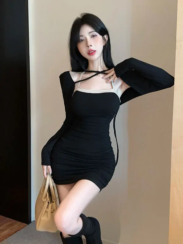 

Autumn Winter Color Blo Strap Dr Long Sve Top Bot Set Women's Faion Outfit Combination Dr with Rope