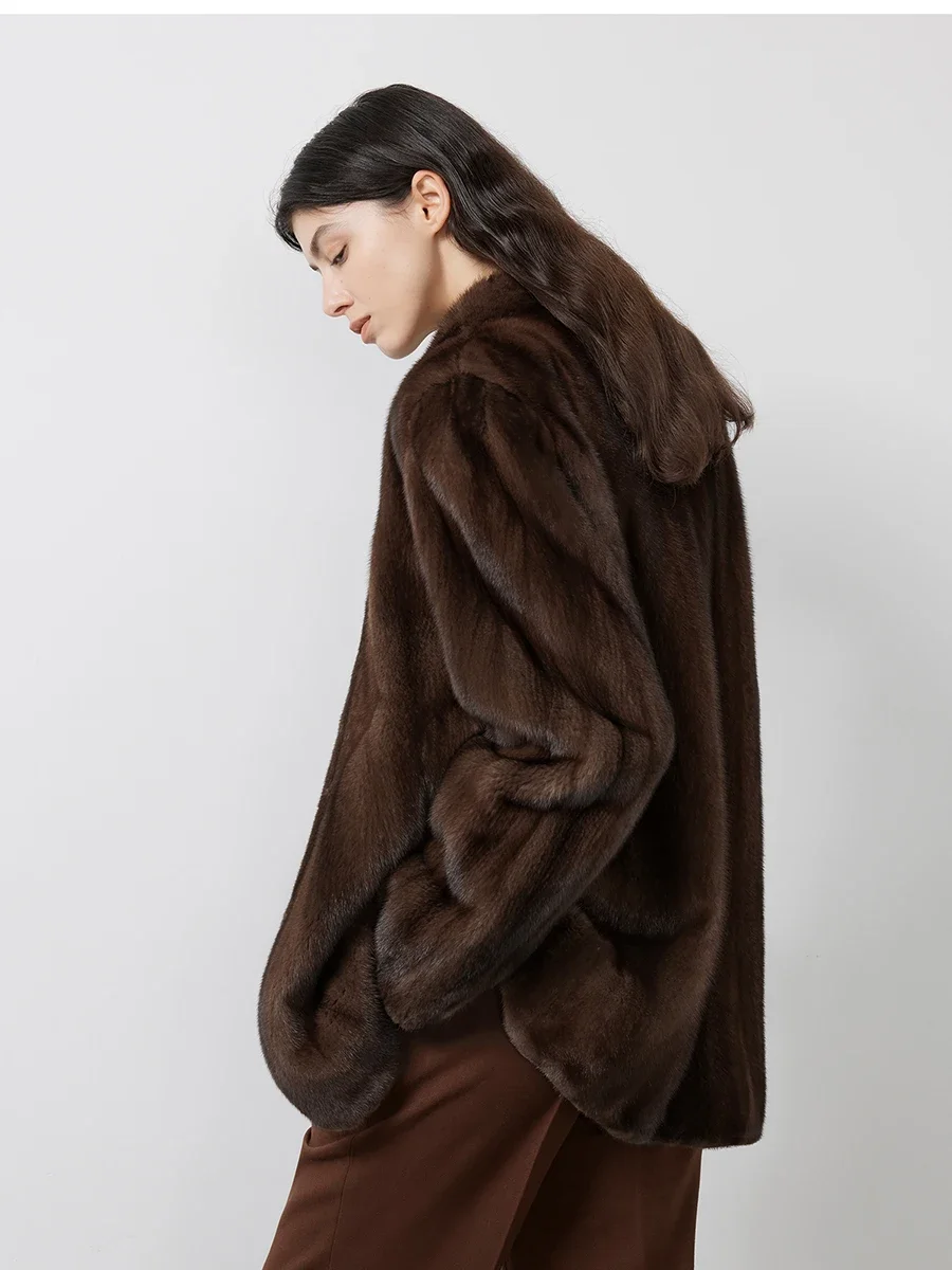 

Women Stand Collar Elegant Luxury Chic Fluffy JacketA utumn Winter Short Brown Thick Warm Soft Faux Mink Fur Coat