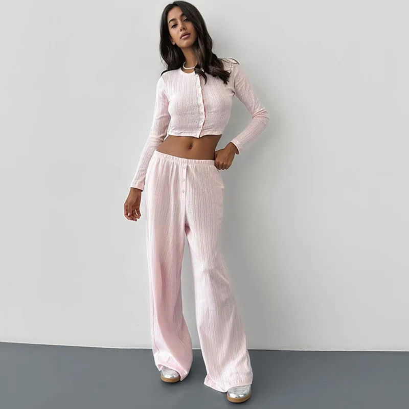 Apprabant Casual Knitted Basic Pants Set Round Neck Long Sleeve Signle Breasted Cardigan Open Navel Top Elasticity Trousers Suit