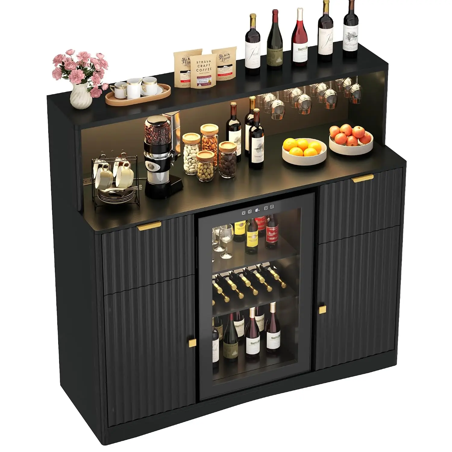 Fluted Bar Cabinet with Mini Fridge Space & Outlet, Home Kitchen Storage, Customized