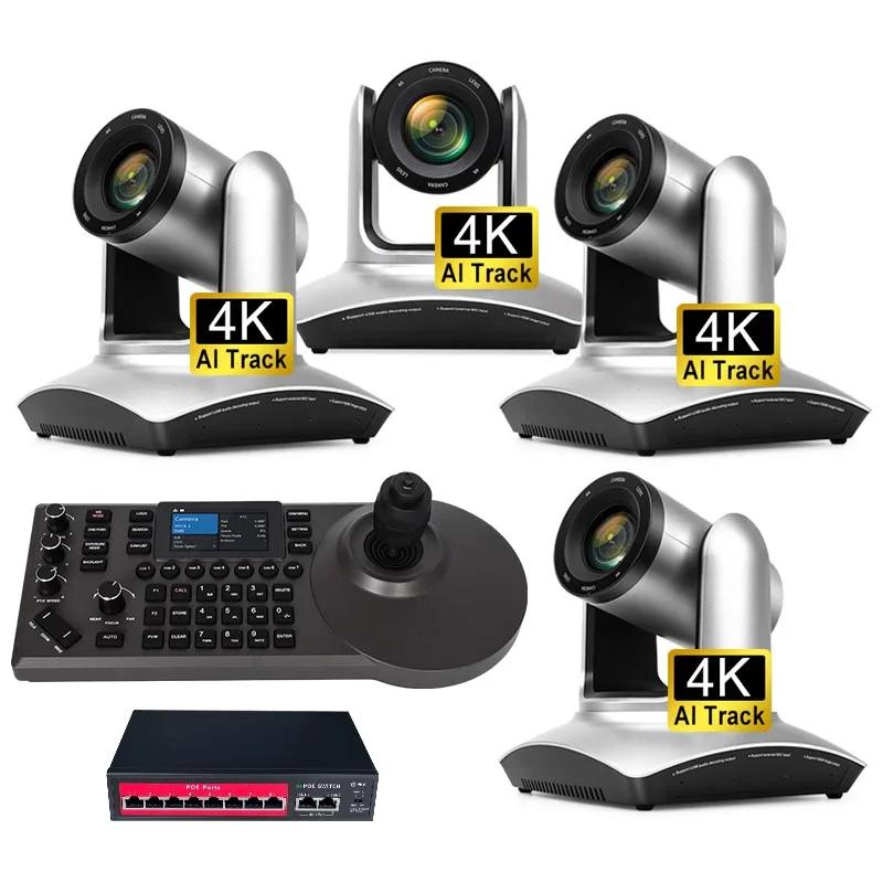 4K 20X Zoom AI Tracking Auto Frame PTZ Camera System Kit=4 Cameras+1 POE Controller for Church Live Streaming Video Conferencing