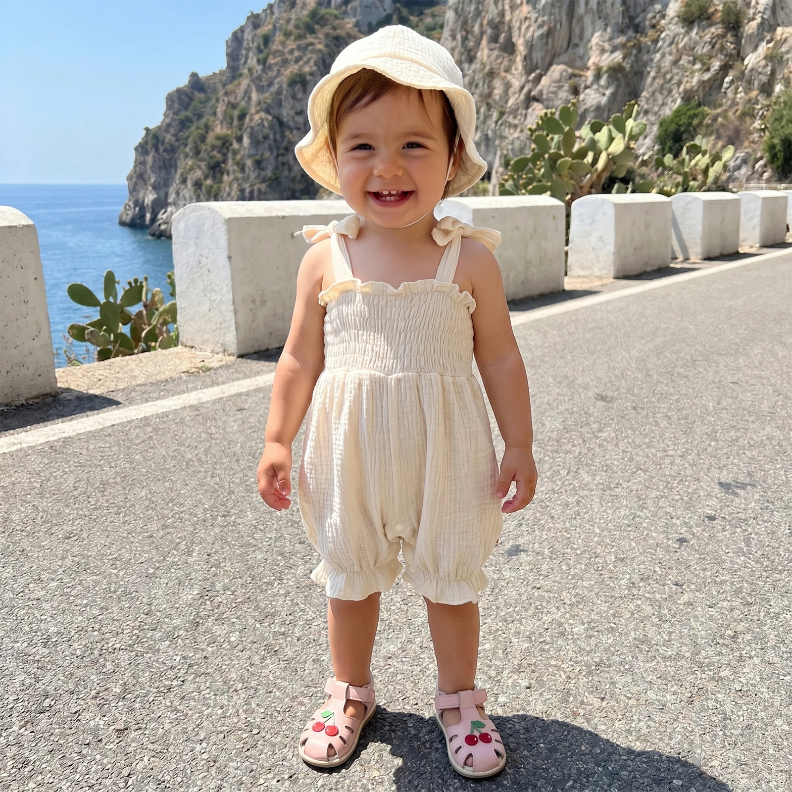 

Baby Girl Romper Solid Color Tie Shoulder Straps Sleeveless Infant Bodysuits Jumpsuits with Hat
