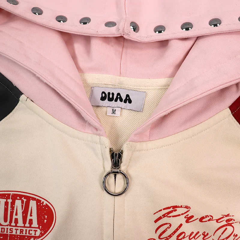 2026 Fall Winter New DUAA Color Block Rivet Zip Up Hoodie Men Splicing Letter Print Street Jacket