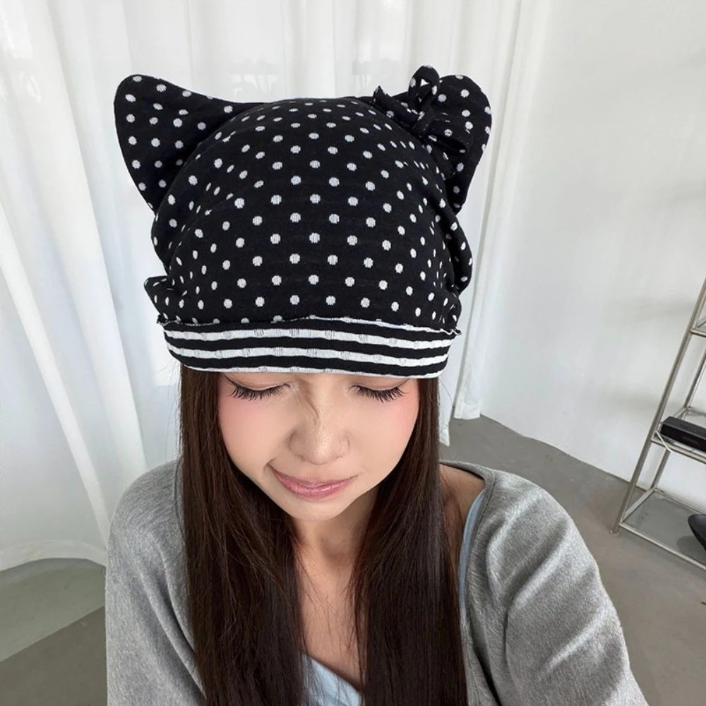 Ins Autumn Retro Polka Dot Cat Ear Y2K Hat Cute Korean Girl Knitted Beanie Outdoor Shopping Dating Daily Slouch Hat