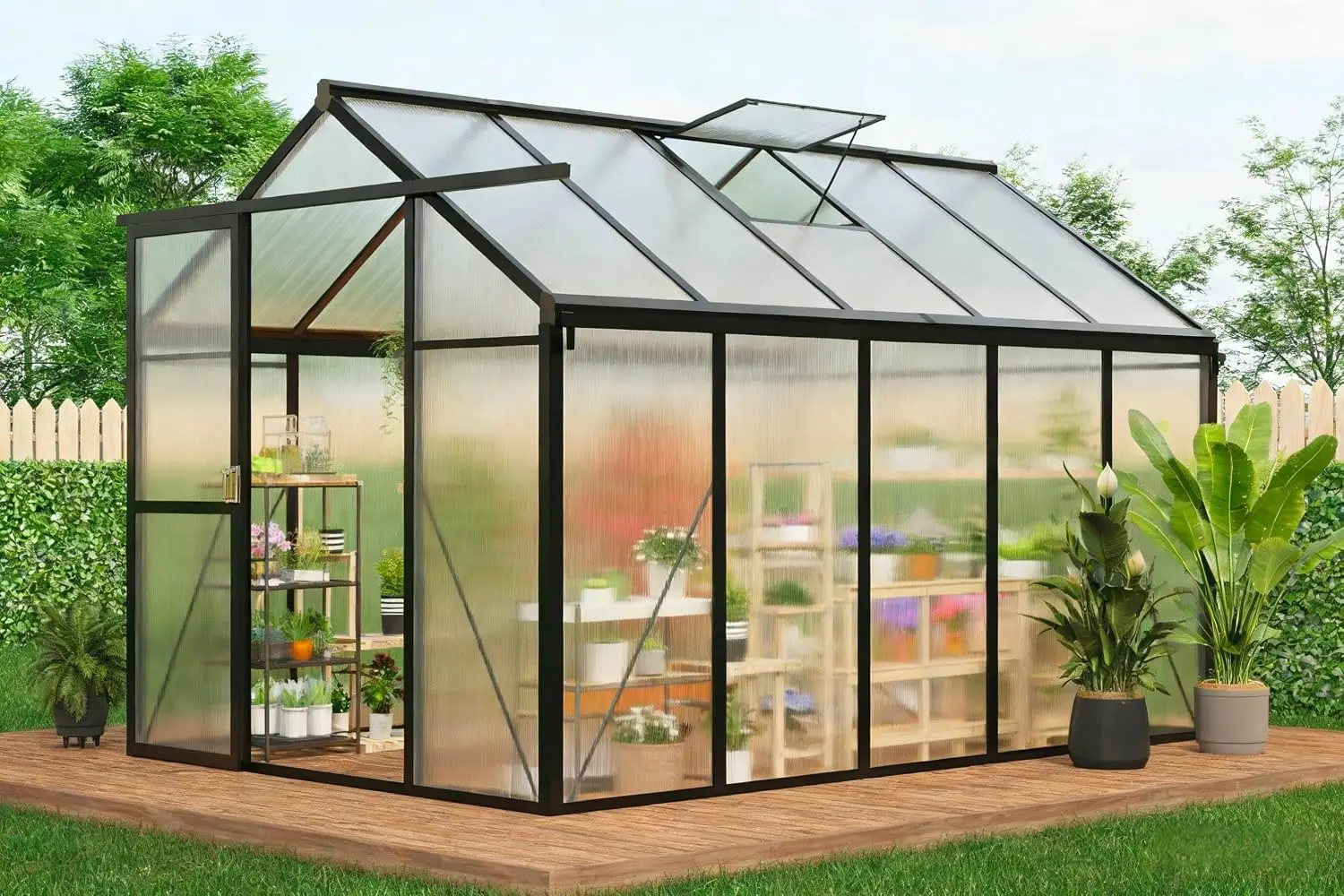 6x10 FT Greenhouse for Outdoors, Polycarbonate Greenhouse with Roof Vent, Ground Nails, Lockable Push Door, Aluminum Large Walk-