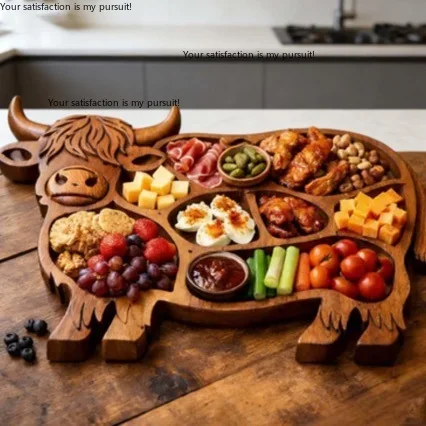 Solid Wood Divided Fruit Platter Highland Cow Craft Tray For Dried Fruit Snack Charcuterie Serving