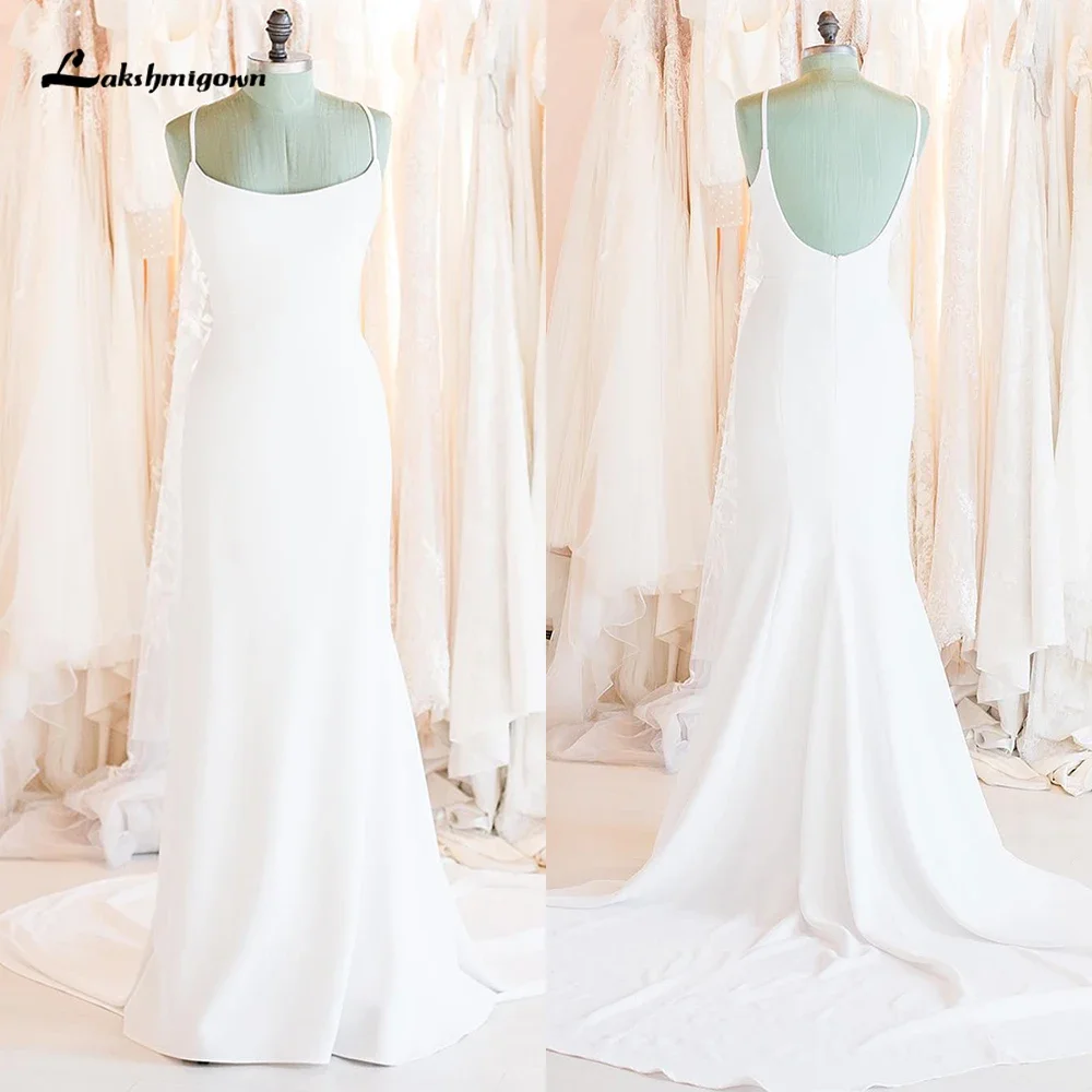 2025 Simple Sexy cuello redondo tirantes espagueti espalda abierta satén sirena vestido de novia para mujeres Boho Vestidos de novia barrido Vestidos Ro