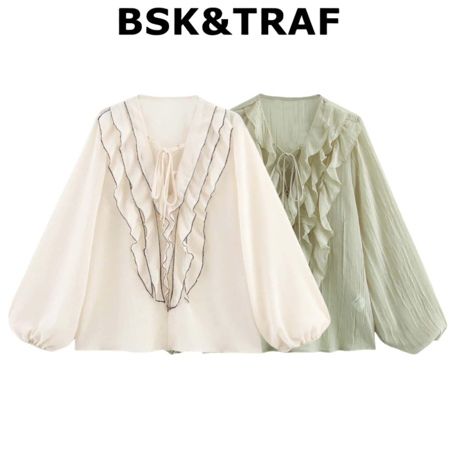 

BSK&TRAF2025 New Summer Product Women's Laminated Decorative Translucent V-neck Long-sleeved Shirt 3897/052