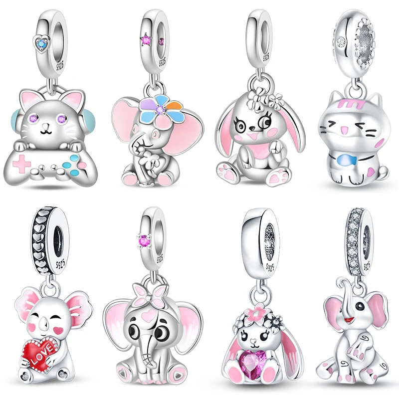 Fit Original 925 Sterling Silver Charms Beads Cute Black Cat Little Elephant Rabbit Bear Charms Fine DIY Birthday Jewelry Gifts