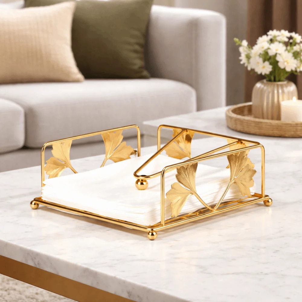 

Modern Vintage Napkin Holder Hollow Out Ginkgo Pattern Napkin Tray Square Napkin Box Dining Room