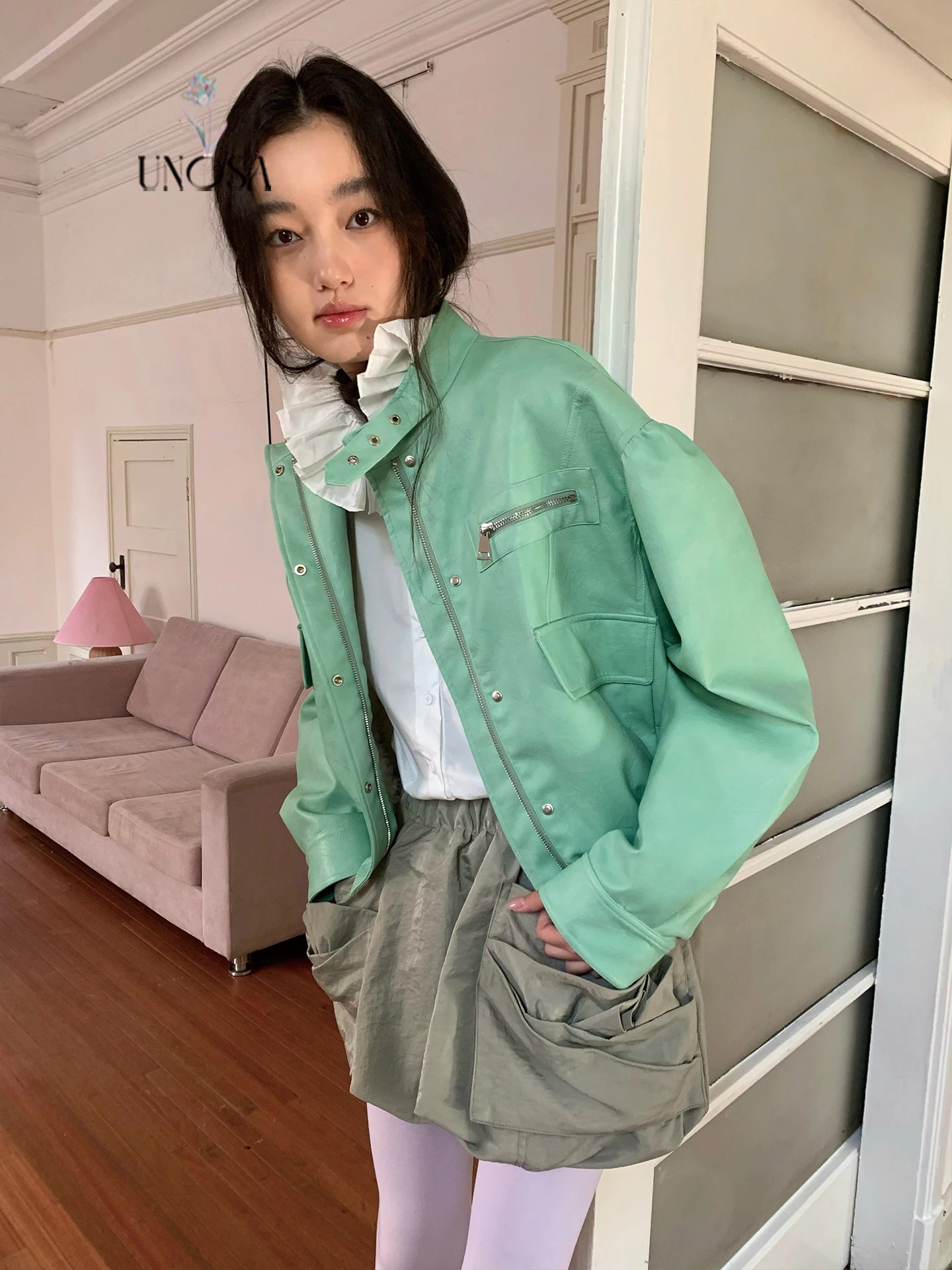 Giacca in pelle PU SA Heavy Work con fodera in pelliccia bianca, alla moda, corta, con cerniera, casual, per giovani