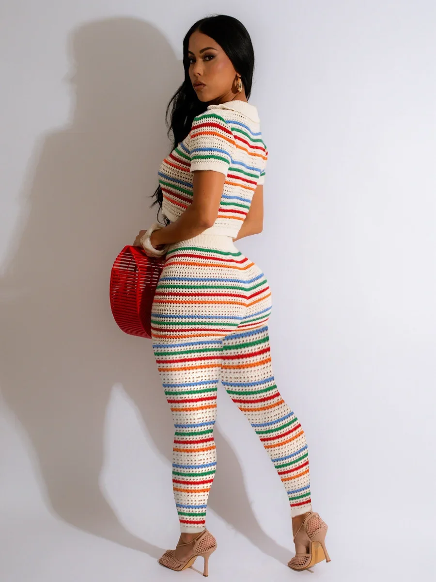 Women's Set Striped Knitted Short Sleeve Button Shirt and Pencil Pant 2024 Summer Two 2Piece Set Outfit Ribbed Tracksuit