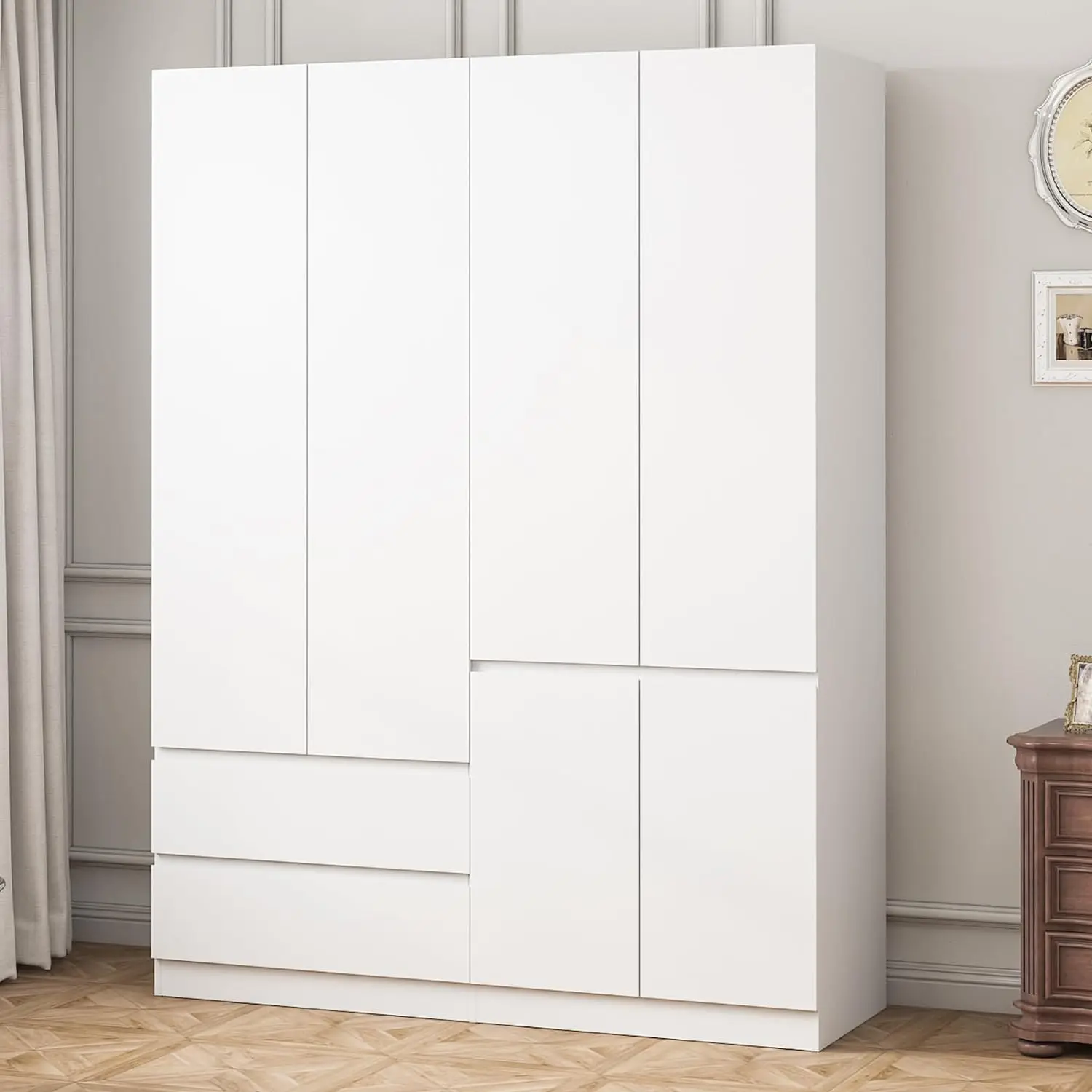 

78.74"4-Door Armoire Wardrobe Closet with Drawers and Shelves Hanging Rod,Wooden Wardrobe Closet（White）63" L x 20.39" Wx78.74"H