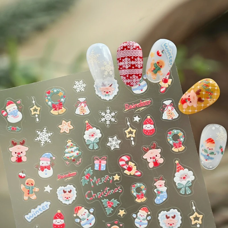 

Christmas Lovely Cartoon Bowknot Santa Claus Snowman Gingerbread Man Elk Snowflake Nail Art Stickers Xmas Cute Manicure Decals