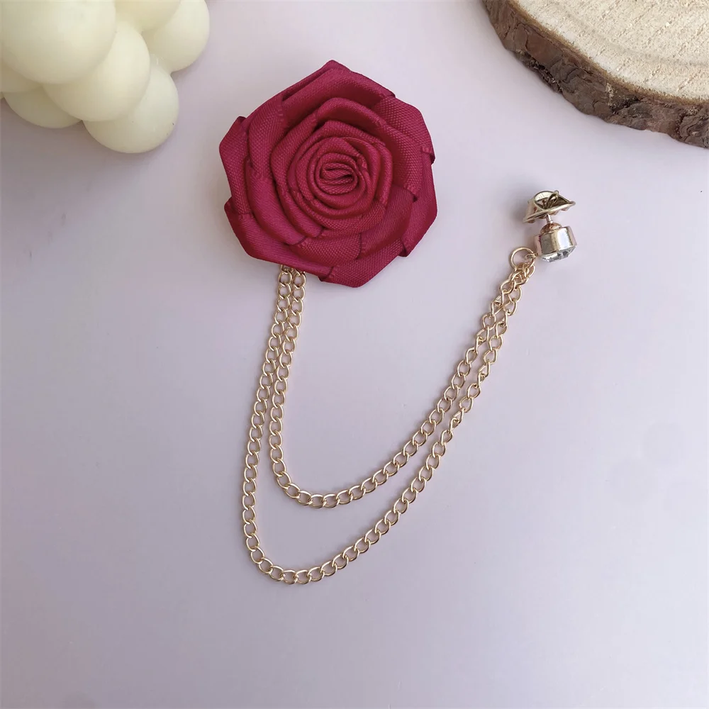 الرجال الزفاف دبابيس القماش الفن اليدوية زهرة الورد بروش التلبيب شارة بدبوس شرابة سلسلة الرجال دعوى اكسسوارات العريس العروة