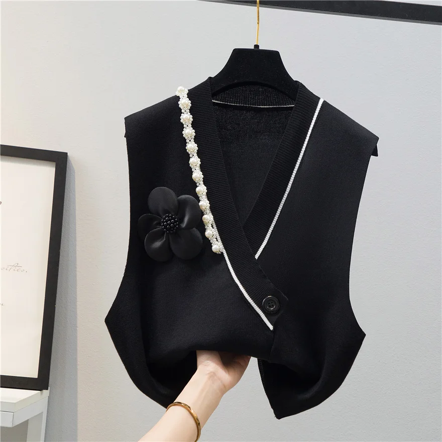 

Pearl Flower Sweater Vest Spring Autumn New Women's V-neck Sleeveless Knitted Top Loose Versatile Cardigan Jacket Trendy