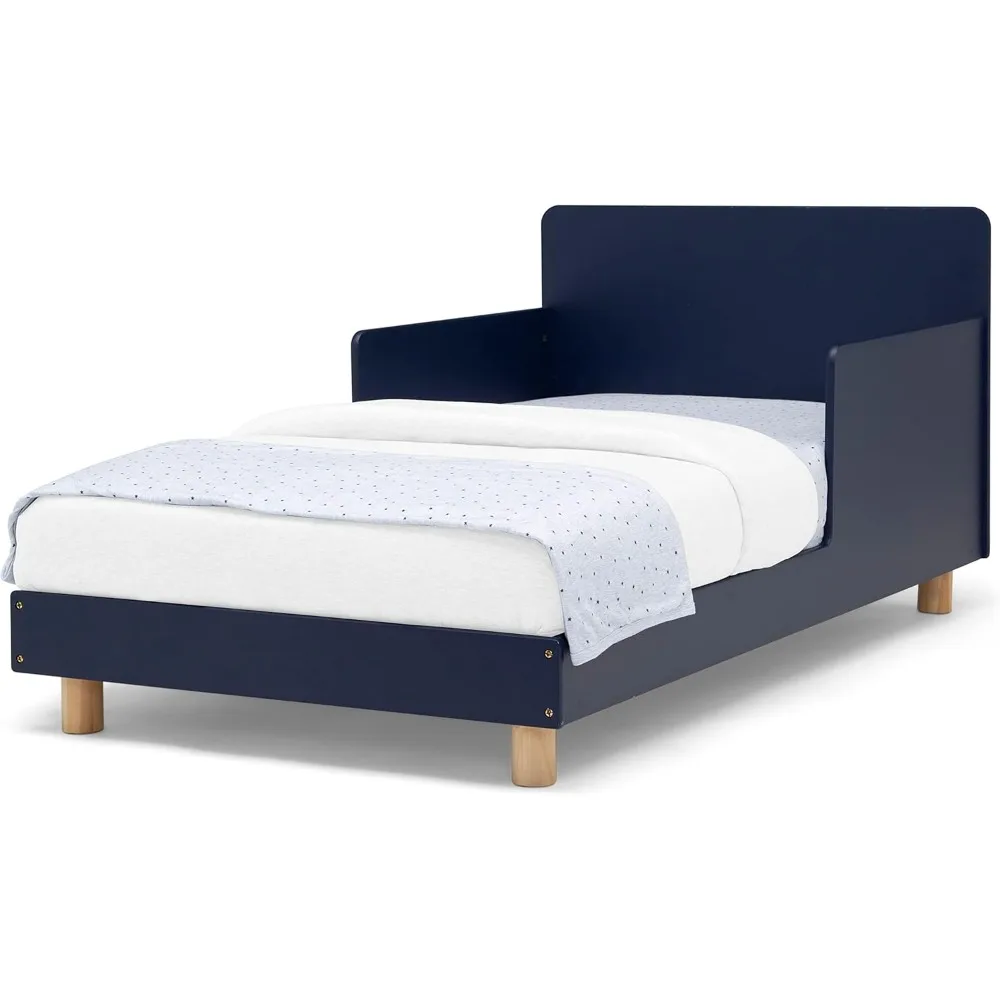 Cama para niños con certificación Greenguard Gold y barandillas de protección, diseño azul marino/natural para un sueño seguro para niños