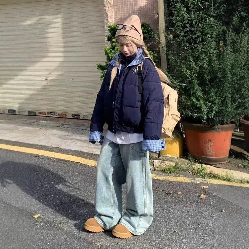 ゆったりとしたチェック柄の綿ジャケット、二重層、トレンディなブランド、冬の女性用、新しいスレブレッドカラーデザイン、センスのあるスプライシング