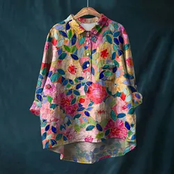 Flower Pattern Printed Women's Lapel Neck Casual Cotton And Linen Long Sleeve Shirt Fall for Women Exercise Clothes for Women