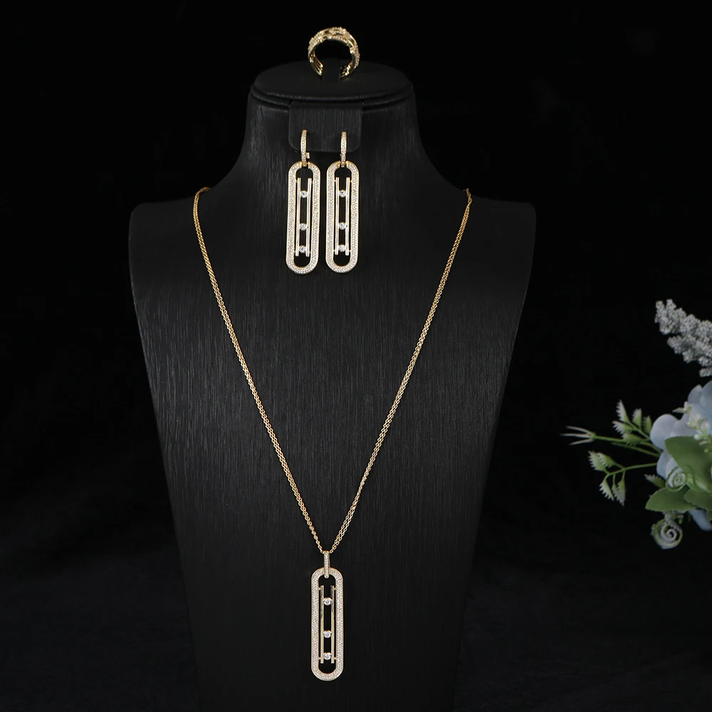 Luxury AAA Zircon Paper Clip Necklace Sweater Chain Earrings Ring Set For Women High Quality Party Wedding Jewelry S425