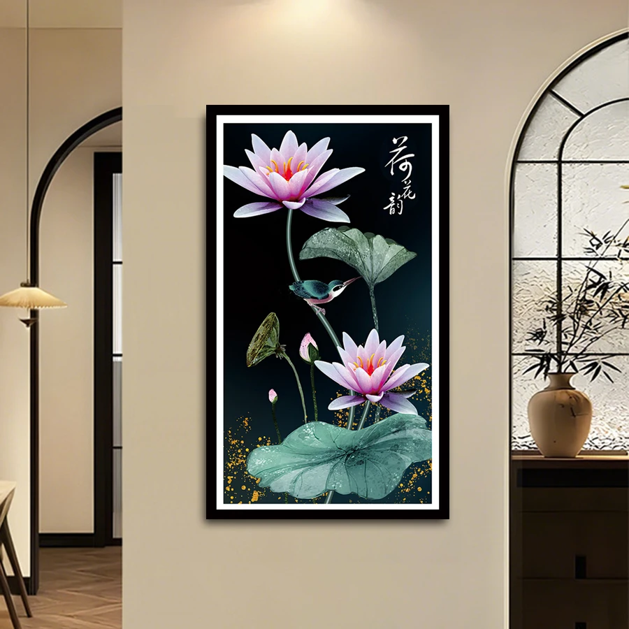 Lotus-Kreuzstich-Set im chinesischen Stil, DIY-Bedrucktes Stickerei-Bastelmaterialpaket mit Lotus- und Vogelmotiven, dekorative Malerei mit floralem schwarzem Hintergrund