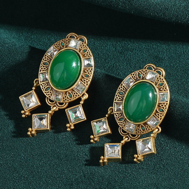 

Vintage Green Stone Oval Drop Earrings Rhombus Crystal Tassel For Woman Gold Color Elegant Luxury Quality Jewelry Dangle Gift