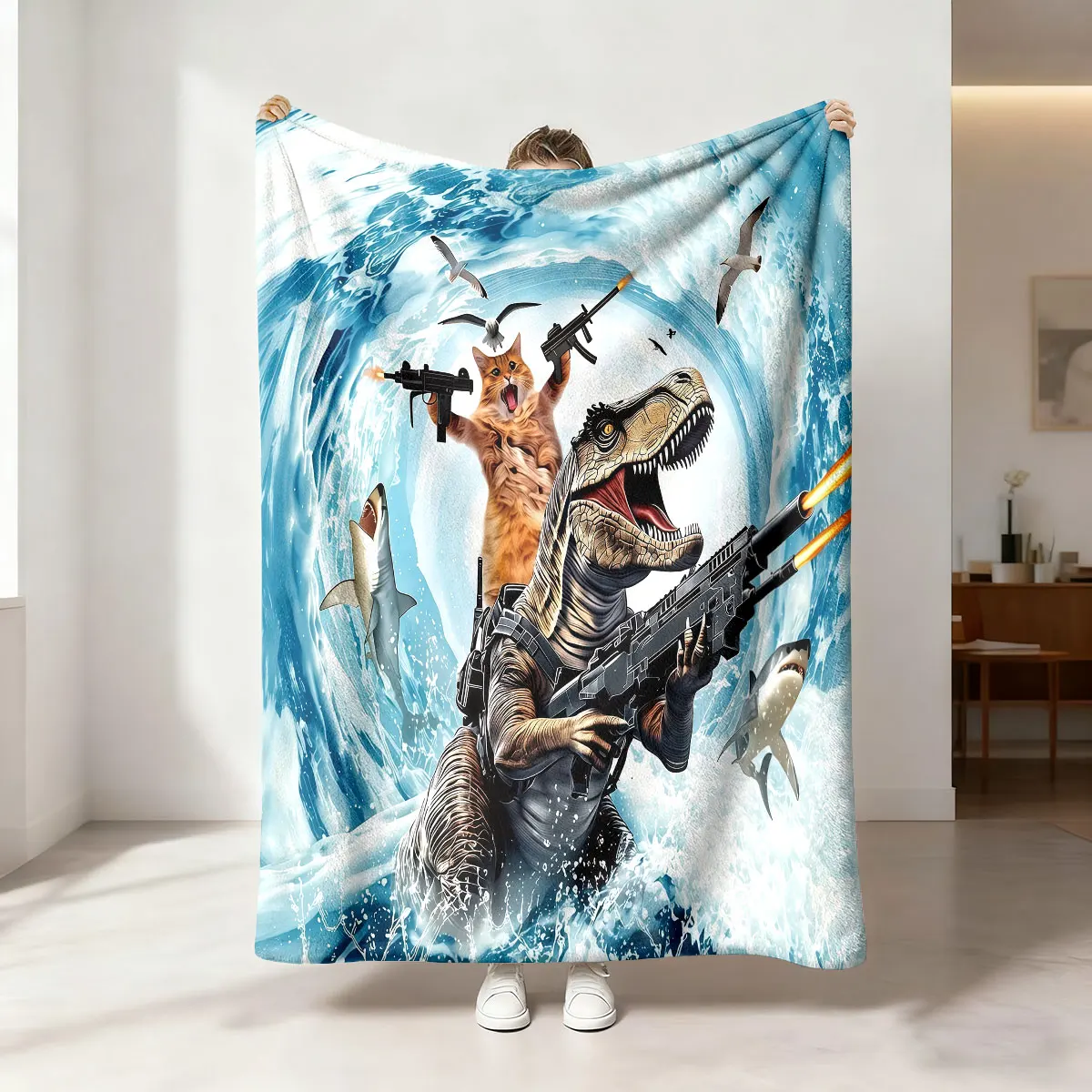 1pc Gun Holding Orange Cat Ride T‑Rex Surf Print Flannel Blanket Soft Comfortable For Sofa Lounge Nap Break Home Decoration G