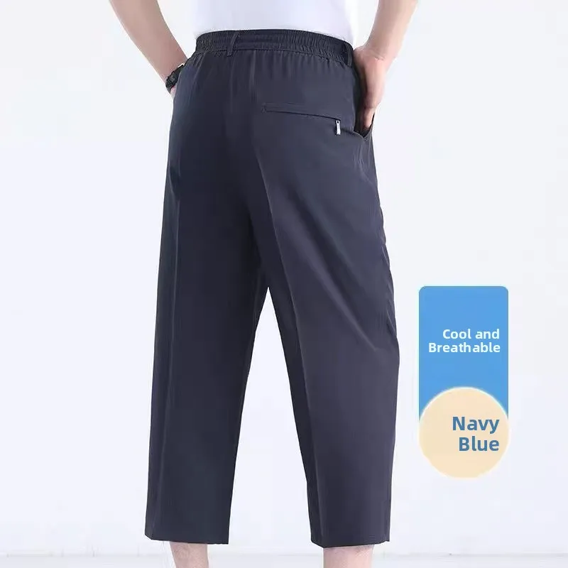 

Large Size Ice Silk Men's Casual orts Mid-aged Summer Outerwear Eight-point Pants Zipper Qui-drng Thin Sle Polyester ...