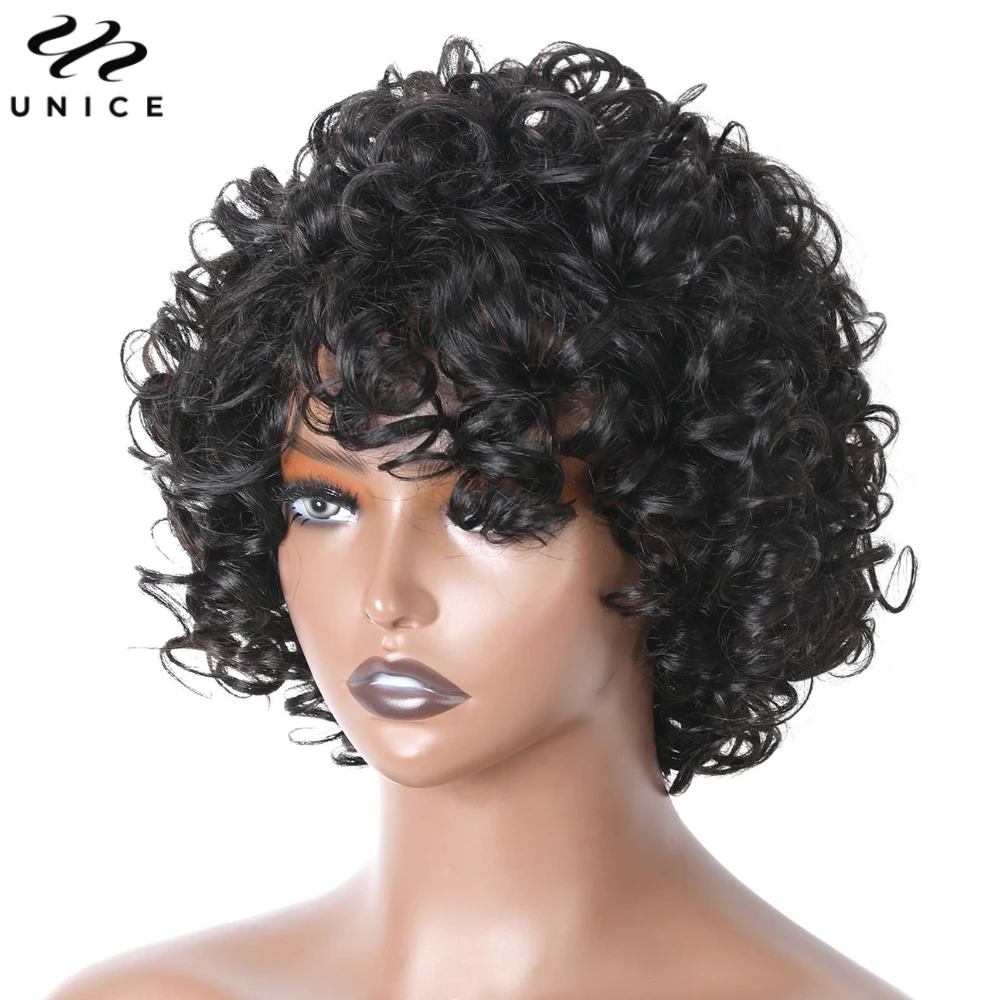 UNICE Hair Bouncy Curls Short Human Hair Wigs With Bangs 100% Human Hair Full Machine Made Side Part Fringe Wig 10Inch